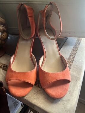 Women's peach Bellini soft suede Ankle-Strap zip up the back Open-Toe low Heels